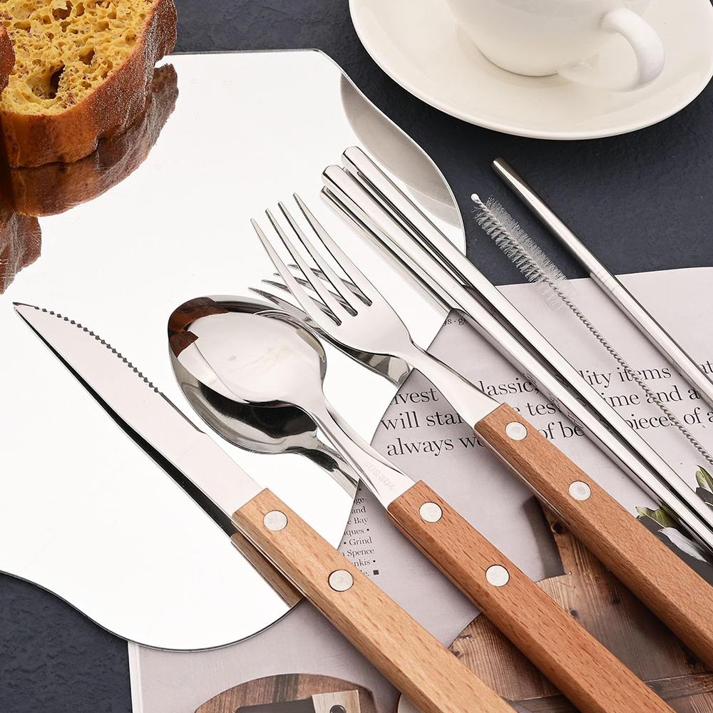 7Pcs/Set Tableware Reusable Travel Cutlery Set Camp Utensils Set 304 Stainless Steel Spoon Fork Chopsticks Straw Portable Case