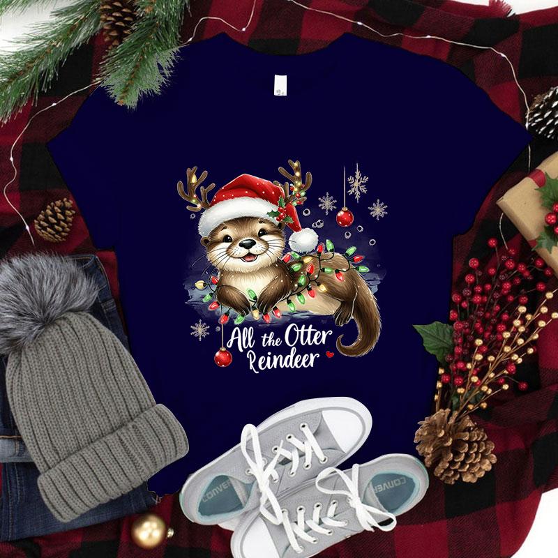 New Christmas All The Otter Reindeer T Shirt Women Casual Personality Round Neck Short Sleeve Fashion Christmas