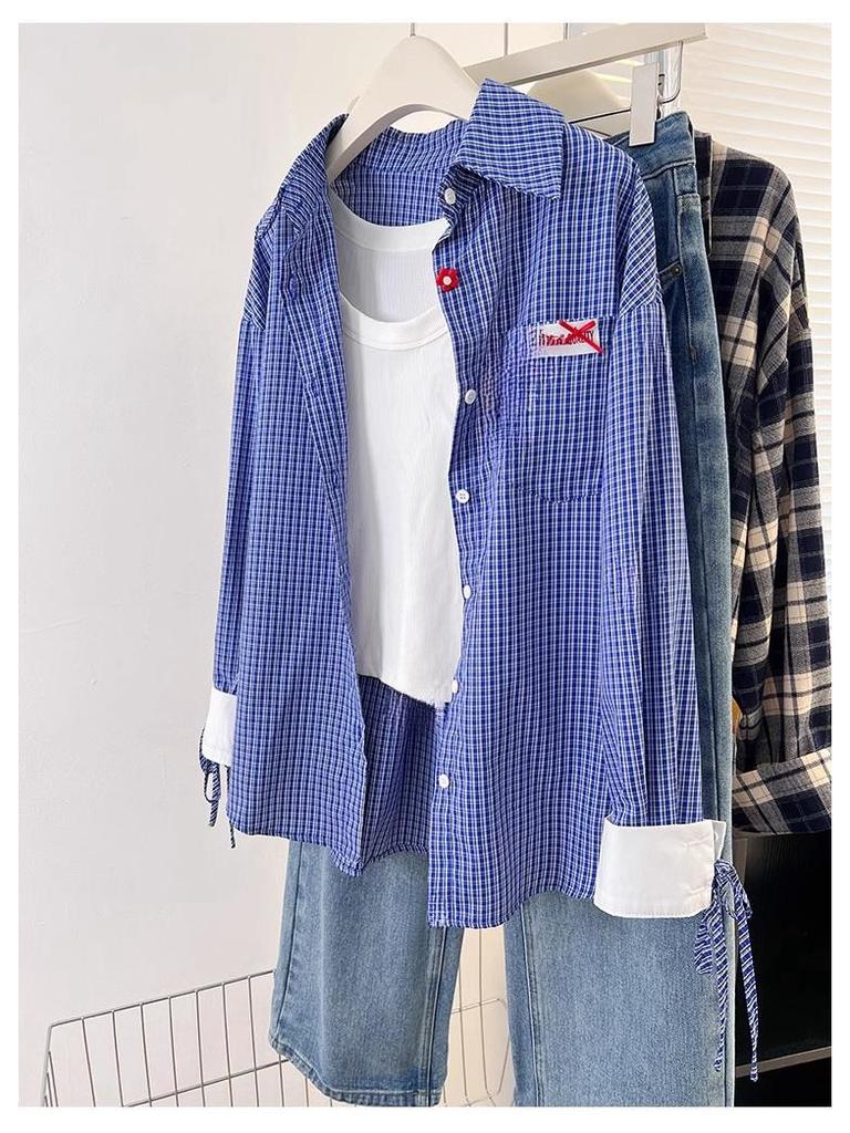 Chic Hong Kong Style Plaid Shirt for Women - Petite, Long-Sleeved, Perfect for Fall/Winter Commutes, Stylish and Versatile.