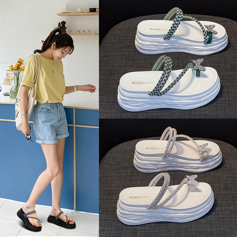 Wedge heel platform slippers women's 2025 summer new pearl rhinestone sandals platform versatile muffin women's shoes