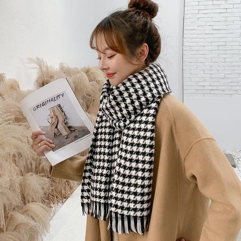 Women's Houndstooth Winter Scarf 2025 - Double-Sided Plaid Tassel Shawl, Thick, Warm, Fashionable Neck Warmer