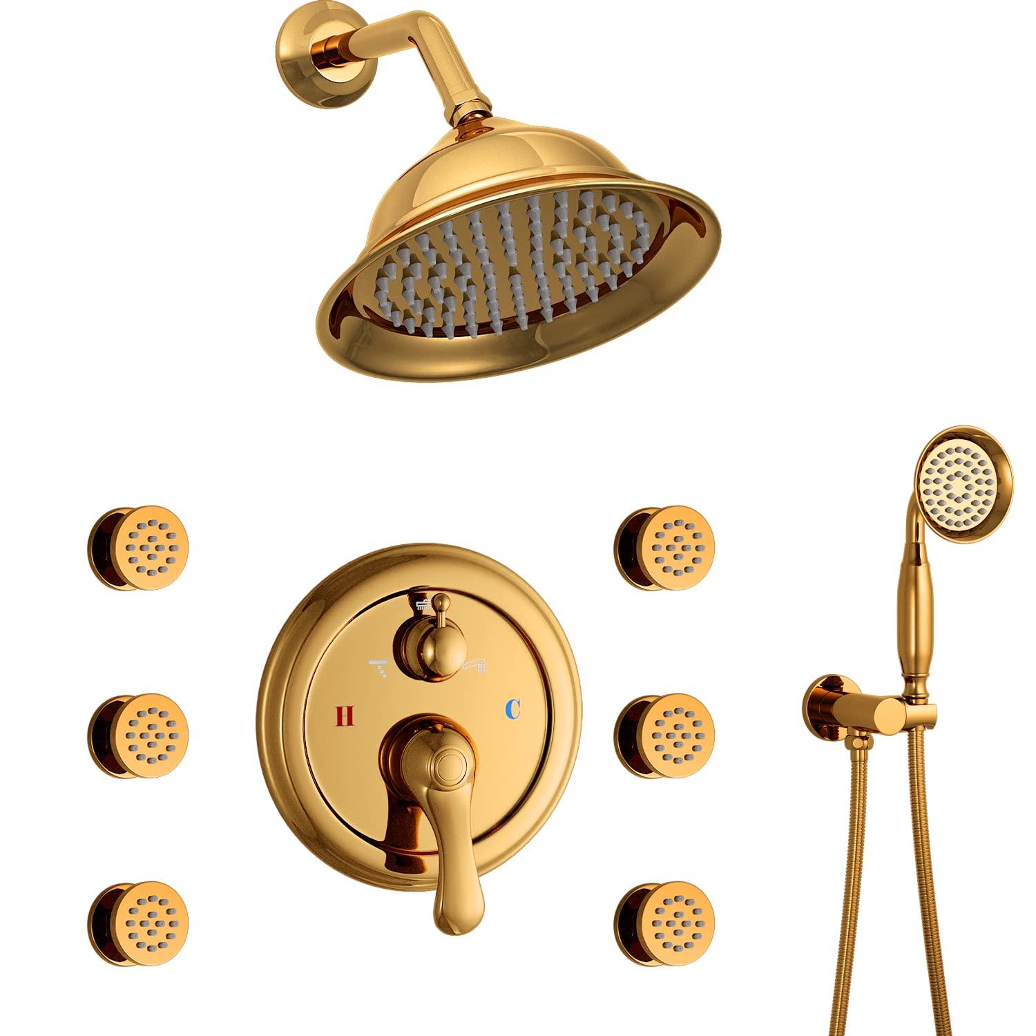 European Style Brushed Gold Uncoated Brass Wall Mounted Multi Function Rain Shower Faucet Set Brass золотой