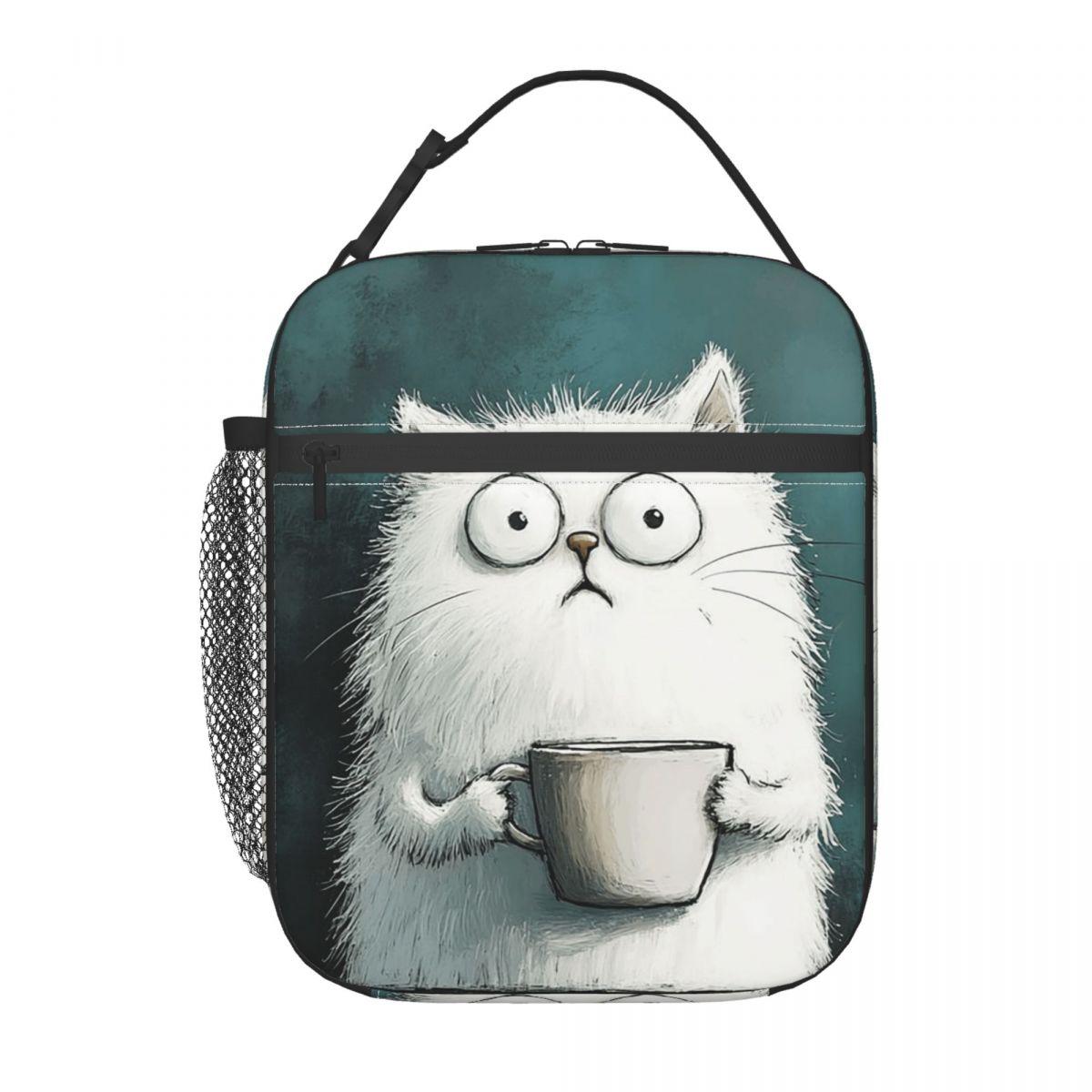 

White Cat Holding Coffee Cup Pattern Insulated Lunch Bag for Women Children Portable Food Boxes Thermal Lunch Box Tote One Size