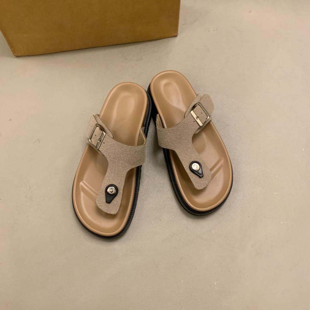 Thick Soled, Slipper, Summer, Outerwear, Toe Clip, Flat Strap, Adjustable, Square Buckle, Thick Soled Slipper, Flip Flops