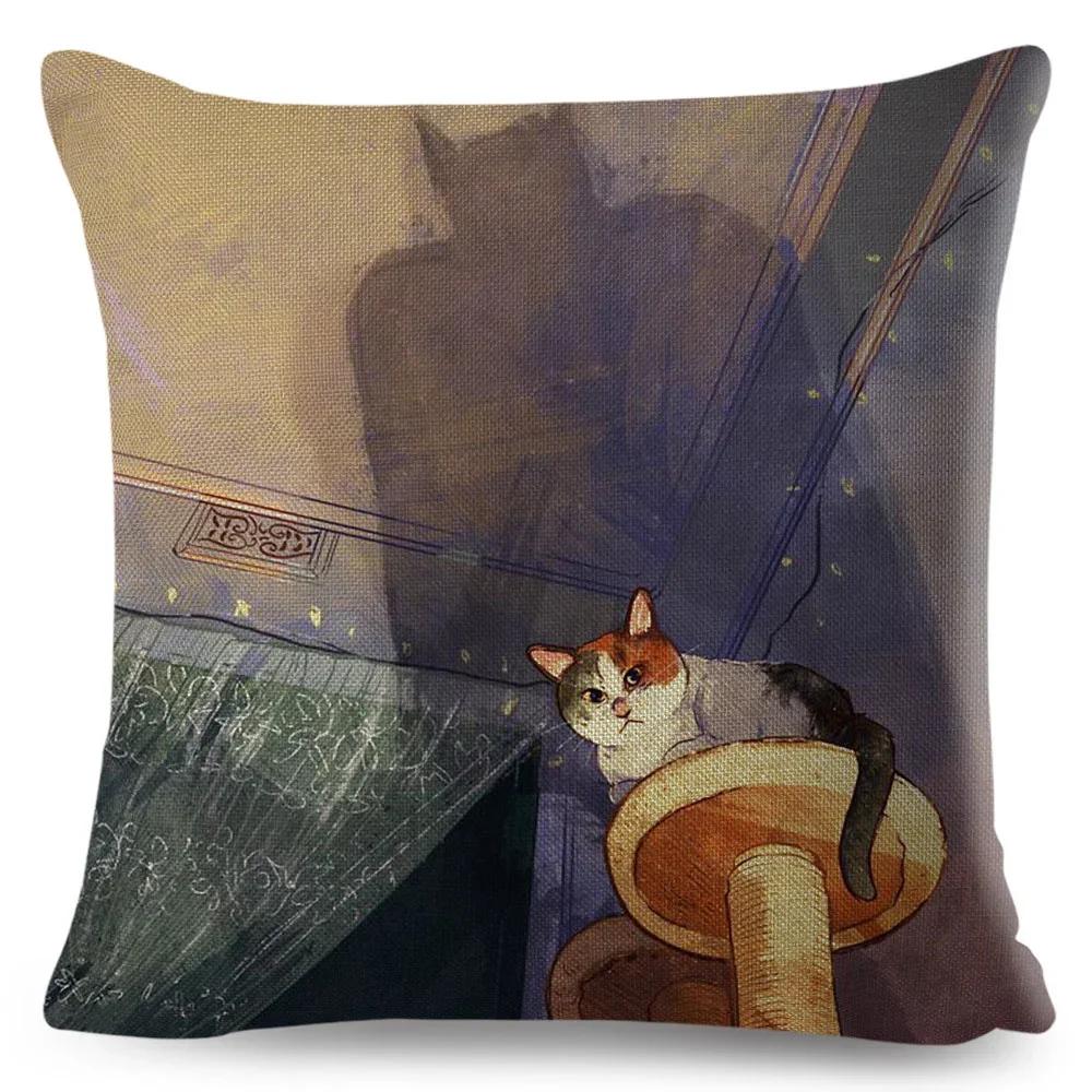 Olejomalba Roztomilá Kočka Povlak na Polštář Dekor Barevný Kreslený Domácí Zvíře Povlak na Polštář Polyesterový Povlak na Polštář na Pohovku Dětský Pokoj