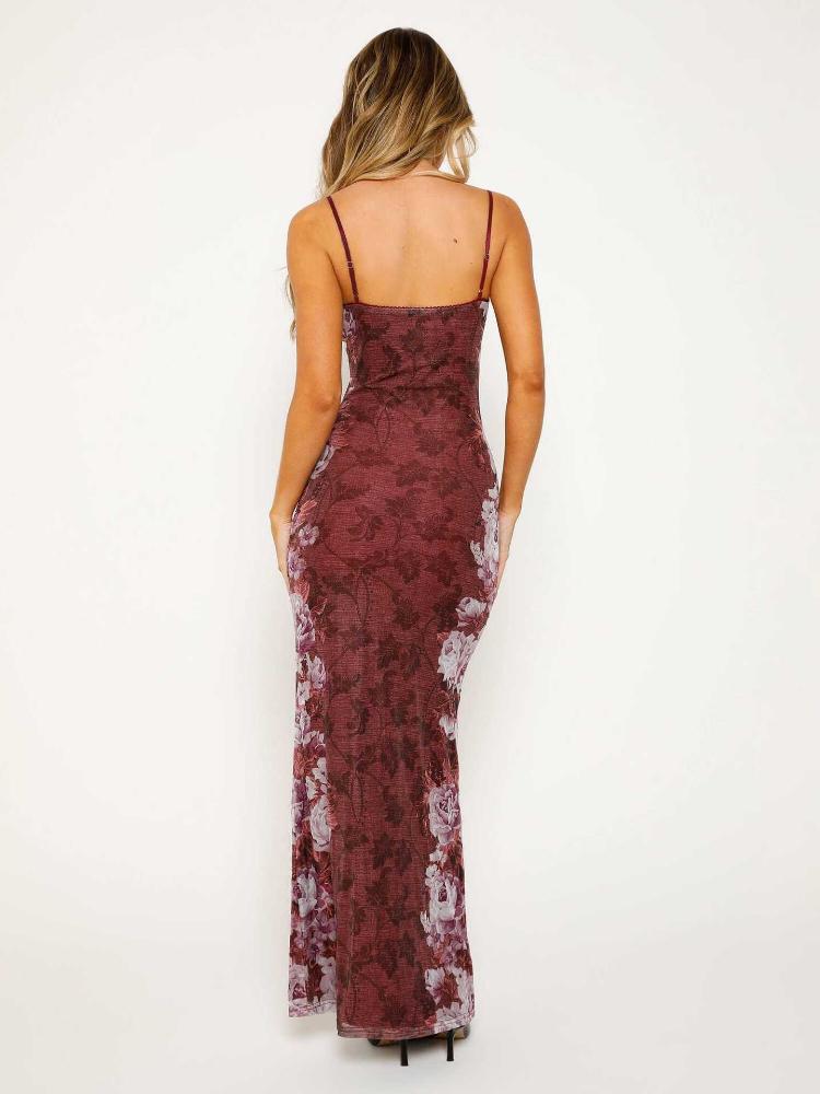 Damen Sexy Geblümtes Maxikleid V-Ausschnitt Spaghettiträger mit Offenem Rücken Figurbetontes Geblümtes Rückenfreies Kleid für Sommerurlaub Strand Romantische Anlässe