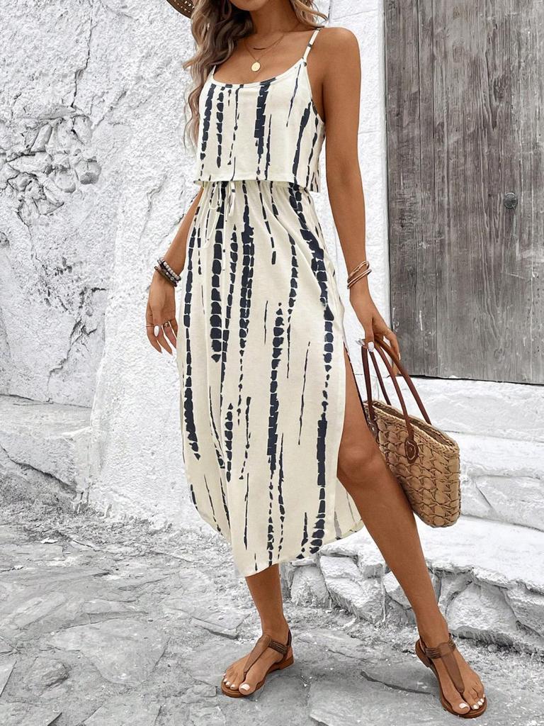 Strappy Printed Dress - Elegant Ink Silk Gauze for Commute and Casual Wear