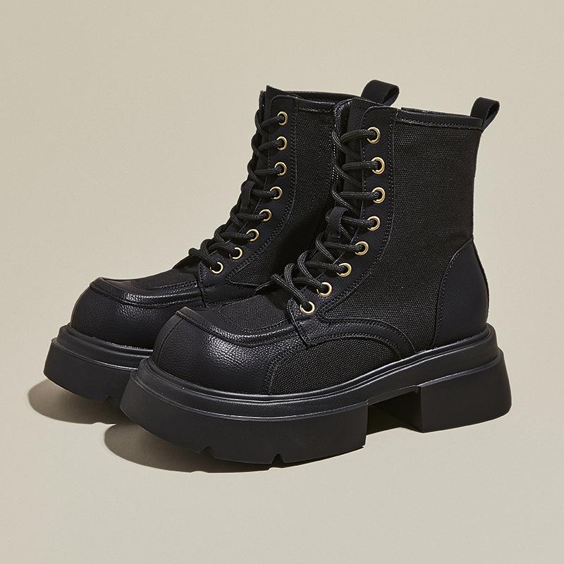 

Leather Martin boots women s autumn thick-soled canvas locomotive thin rhubarb boots retro casual short boots 32