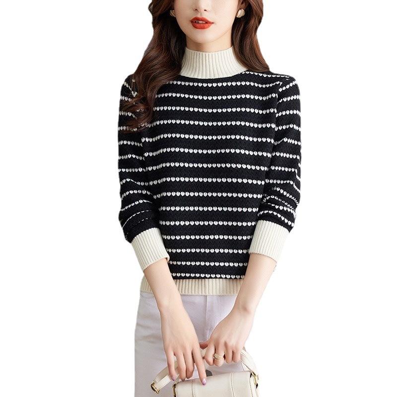 Half High Collar Autumn/Winter Sweater Bottom Shirt Striped Knitted Shirt Women's Western Style Top