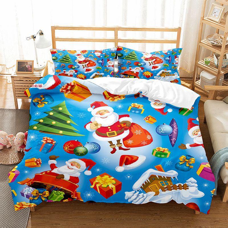 Set Plapumă Imprimată Covet Pentru Crăciun Fericit Brad de Crăciun 3D, Fulgi de Nea, Moș Crăciun Husă Plapumă Pat Dublu + Fețe de Pernă
