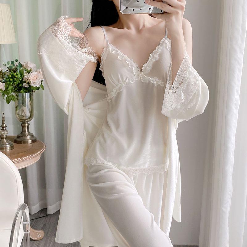Golden Velvet Lace Nightwear Set: Sexy Camisole, Long Pants, and Robe with Breast Pads for Autumn/Winter Comfort.