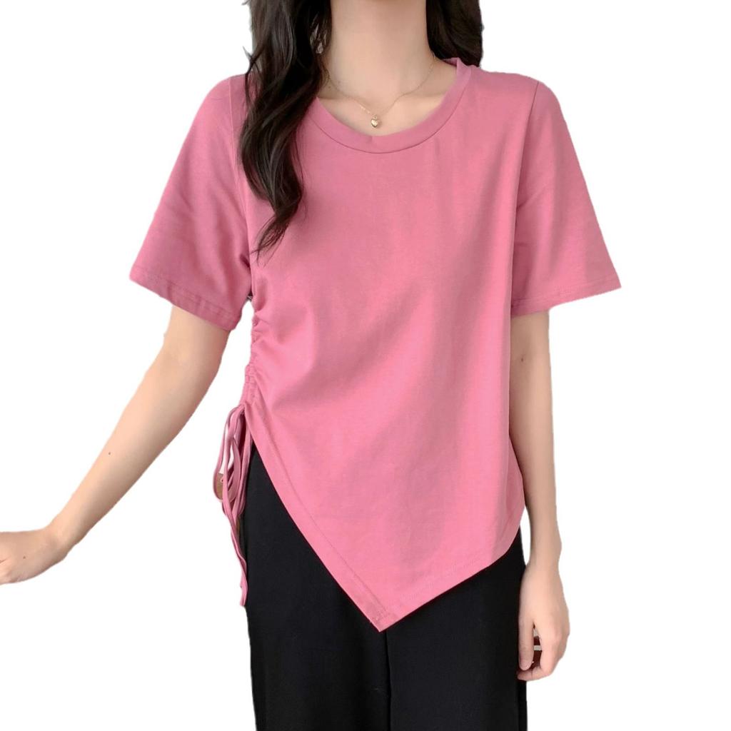 Summer Irregular Drawstring Trimming Thin Waist Short-sleeved T-shirt Spice Girl Sexy Versatile Pure Desire Wind Niche Top Ins