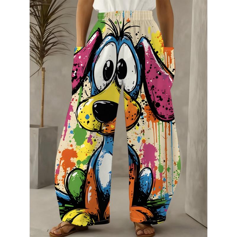 Women's Coded Comfortable and Breathable Childlike Graffiti Cartoon Dog Print Wide Leg Pants for Women