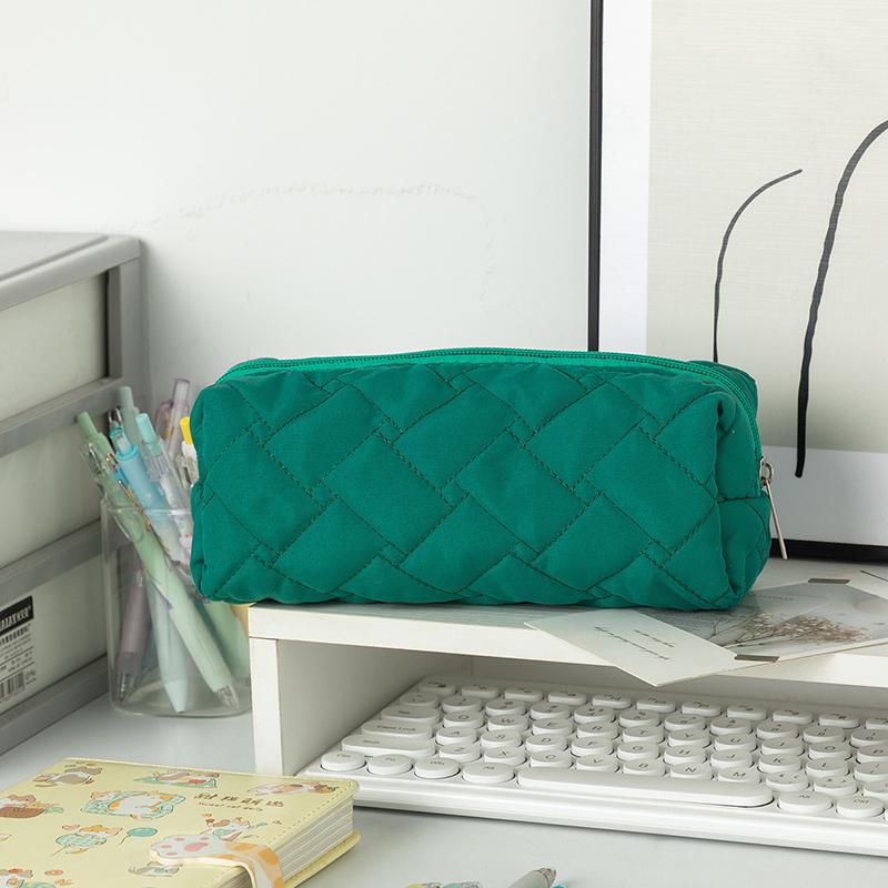 Large Capacity Pen Bag Organizer Simple Solid Color Quilted Pencil Case Cosmetic Bag Stationery Storage Pouch School Supplies