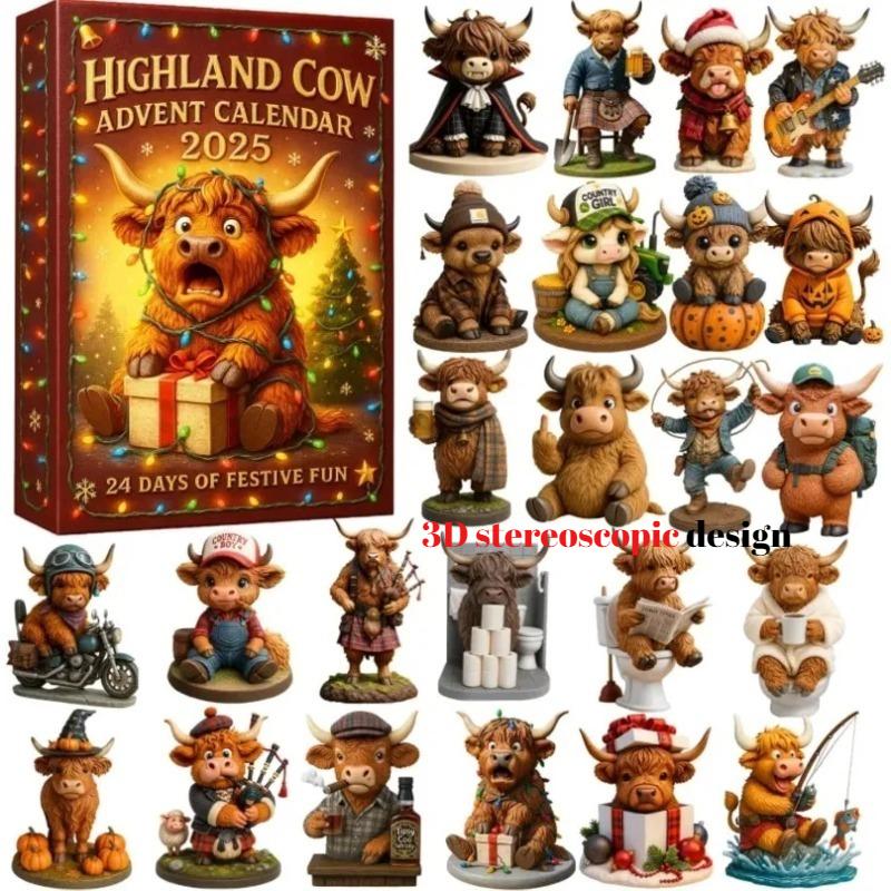 Christmas Highland Cow Advent Calendar 24 Days Christmas Countdown Calendar 3D PVC Highland Cow Ornaments Xmas Christmas Gifts
