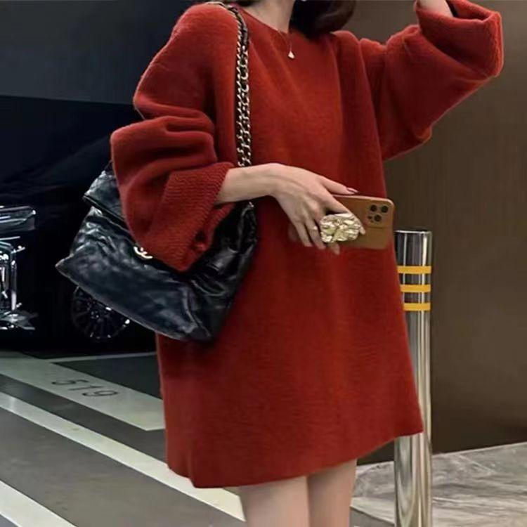 

Autumn and winter new large-size women s clothing fat mother top soft waxy gentle knitting loose lazy wind pullover crew neck sweater women One size красный