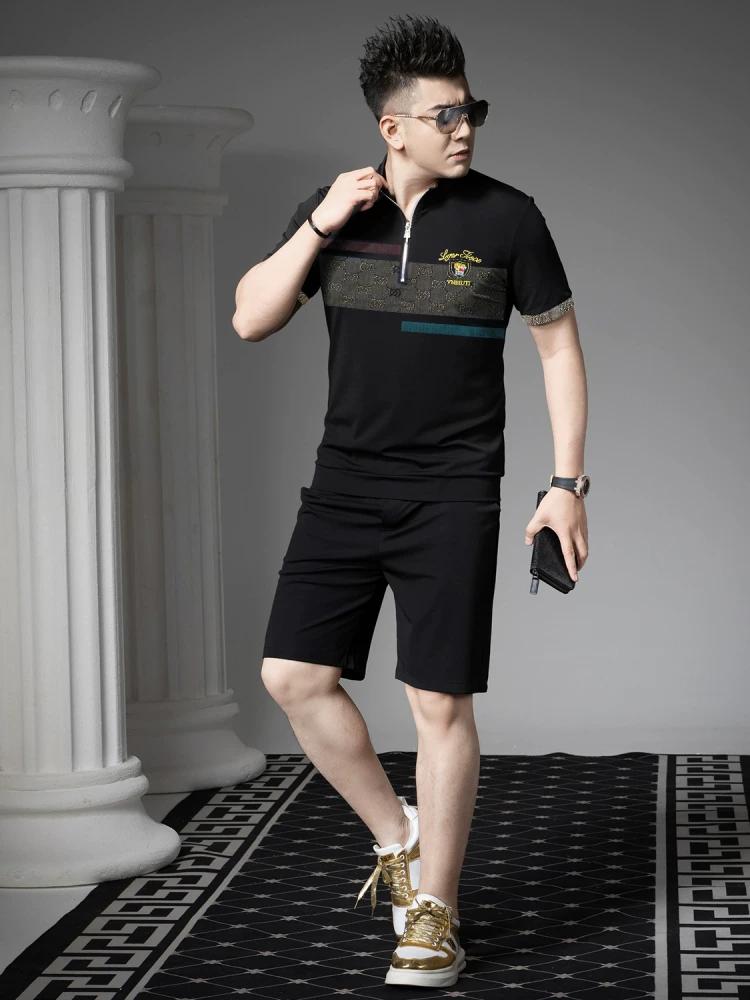 European High-End Embroidered Rhinestone Casual Short-Sleeve T-Shirt, New Summer Men's Top, Half-Sleeve Stand-Collar Polo Shirt