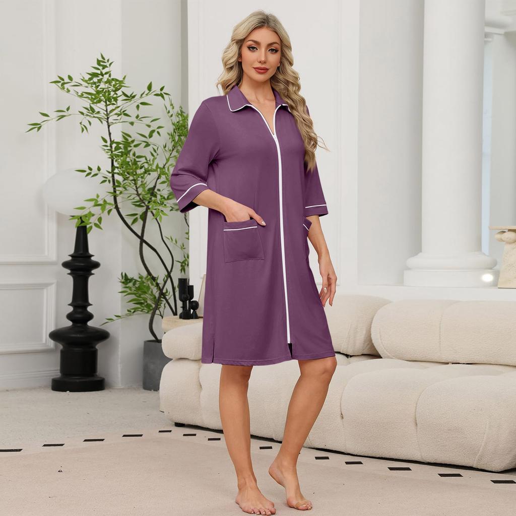 Women's Casual Zip-Up Robe with Three-Quarter Sleeves Knee Length Lightweight Loungewear with Pockets