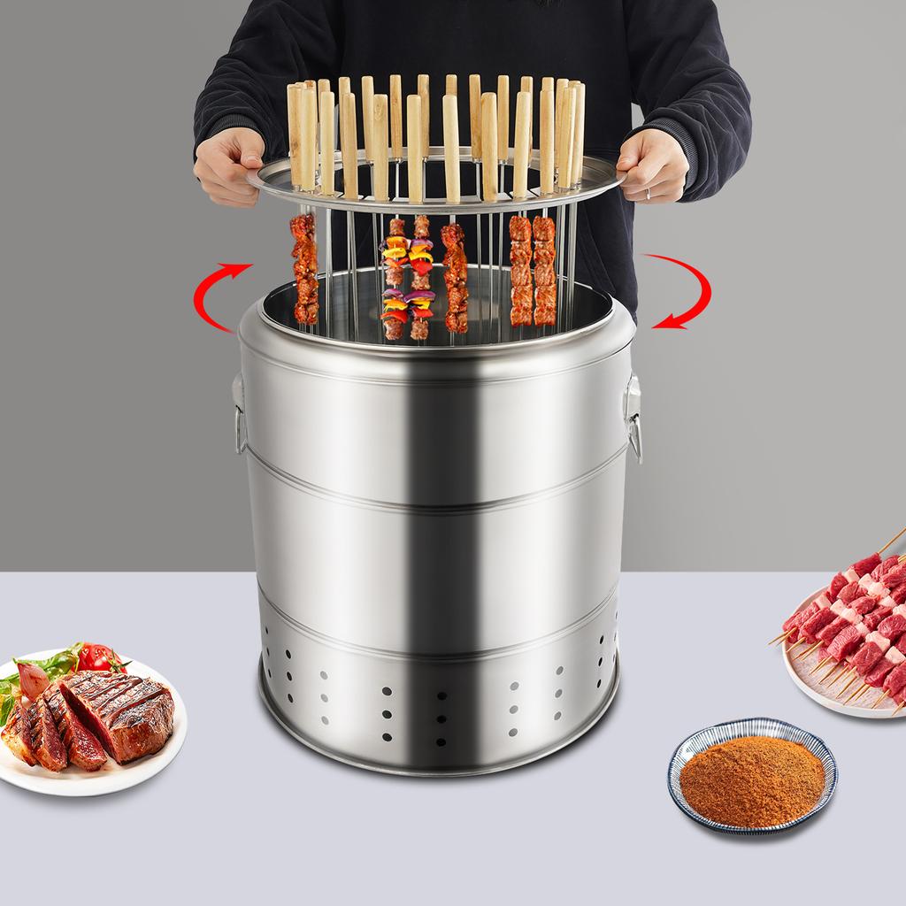 201 Edelstahl Holzkohle Grill, Silber 28 Spieße Zylinder Tragbarer Barbecue Holzkohle Fass Grill 39*43cm für Picknicks