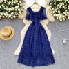 Summer Women Short Sleeve Square Collar Embroidery Lace Long Midi Party Dresses