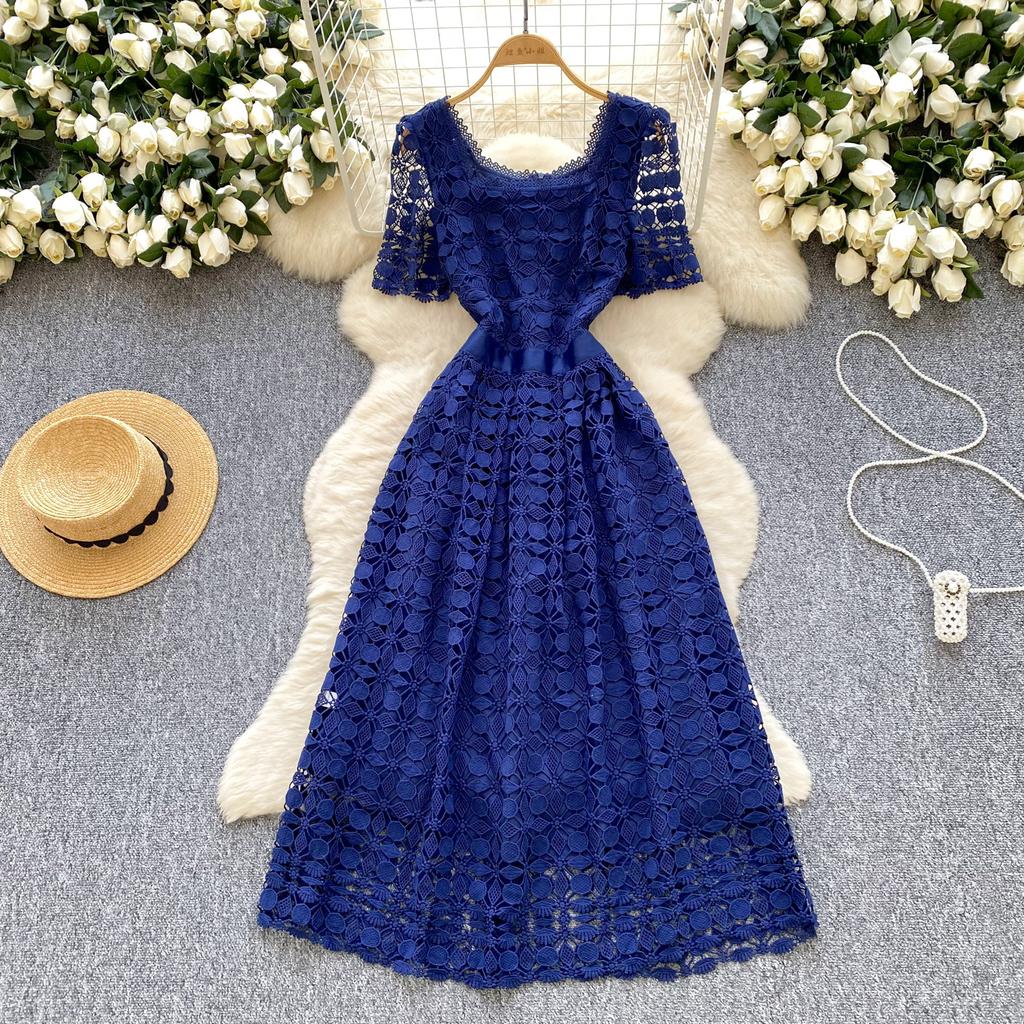 Summer Women Short Sleeve Square Collar Embroidery Lace Long Midi Party Dresses