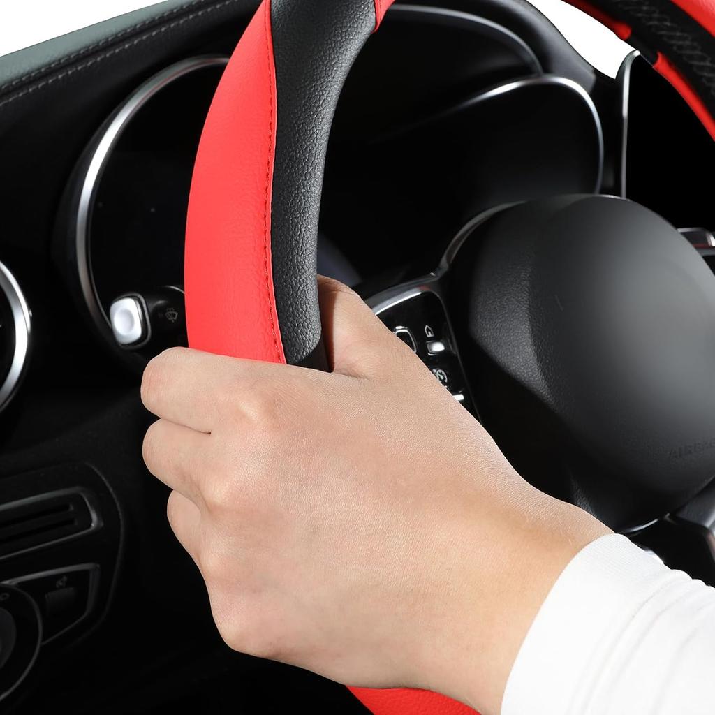 Car Steering Wheel Cover, Microfiber Leather Steering Wheel Cover Red,Universal 15 Inch Anti-Slip Comfortable Steering Wheel Covers Men Women