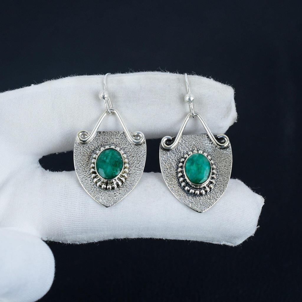 Amazing Emerald Gemstone Earrings, 925 Sterling Silver Earring, Handmade Boho Silver Jewelry Dangle Earrings, Birthday Gift