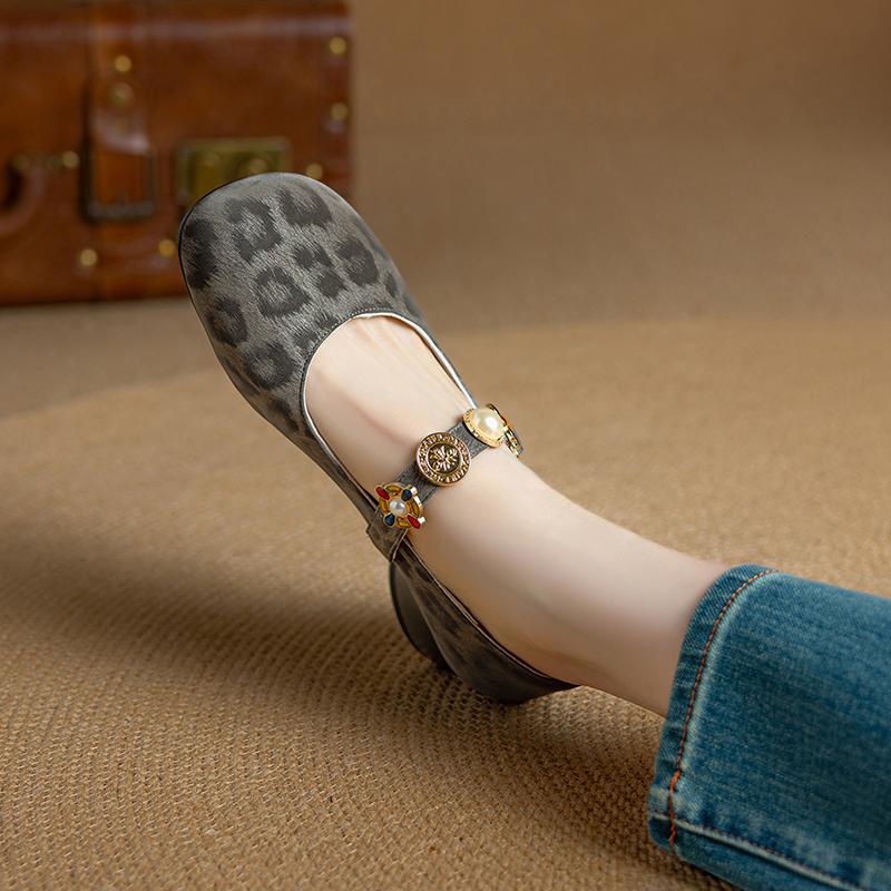 Krazing Pot Stain Sheep Skin Summer Size 40 Mary Janes Low Heels Gray Color Leopard Prints Round Toe Elegant Shallow Pumps