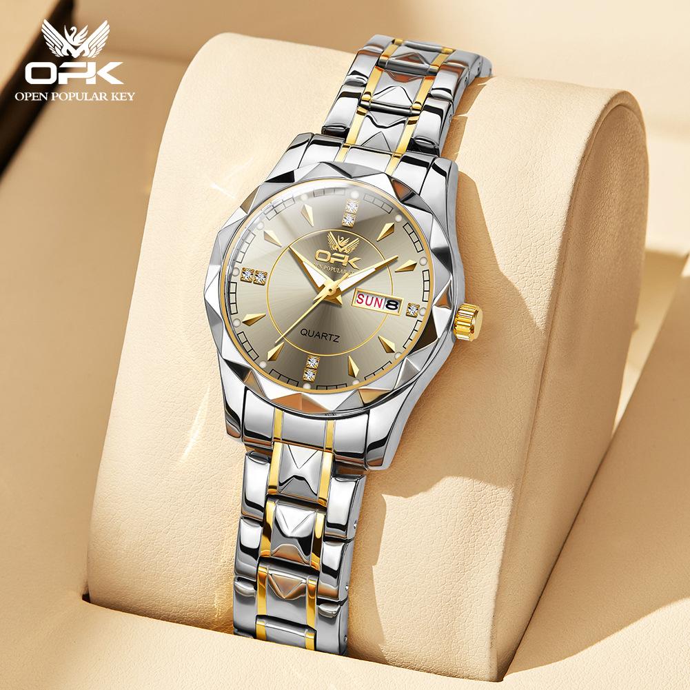 Rhombus Cut Couple Watch, A Pair of Steel Straps, Double Calendar Men's Watch, Luminous Waterproof Women's Watch, High-end