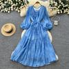 French gentle wind lantern sleeves V-neck dress women's summer lace-up waist thin A-shaped long dress temperament