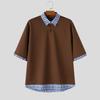 INCERUN Oversized Men Stitching Lapel Neck Short Sleeve Plaid Print Casual Texture T-shirts Tops
