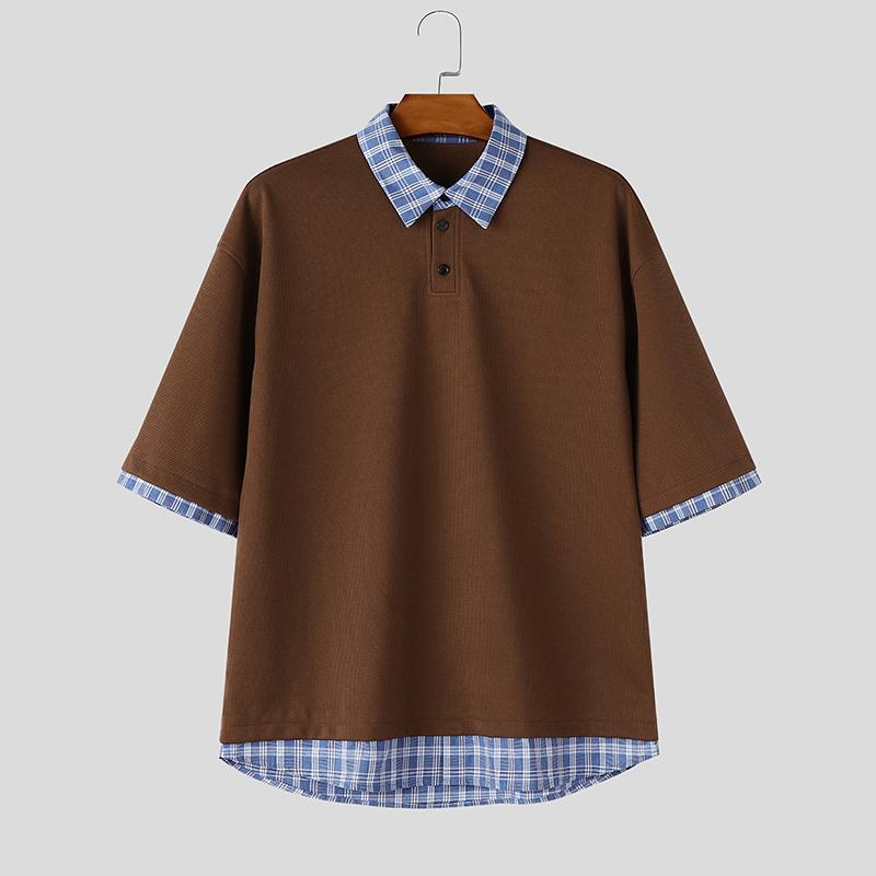 INCERUN Oversized Men Stitching Lapel Neck Short Sleeve Plaid Print Casual Texture T-shirts Tops