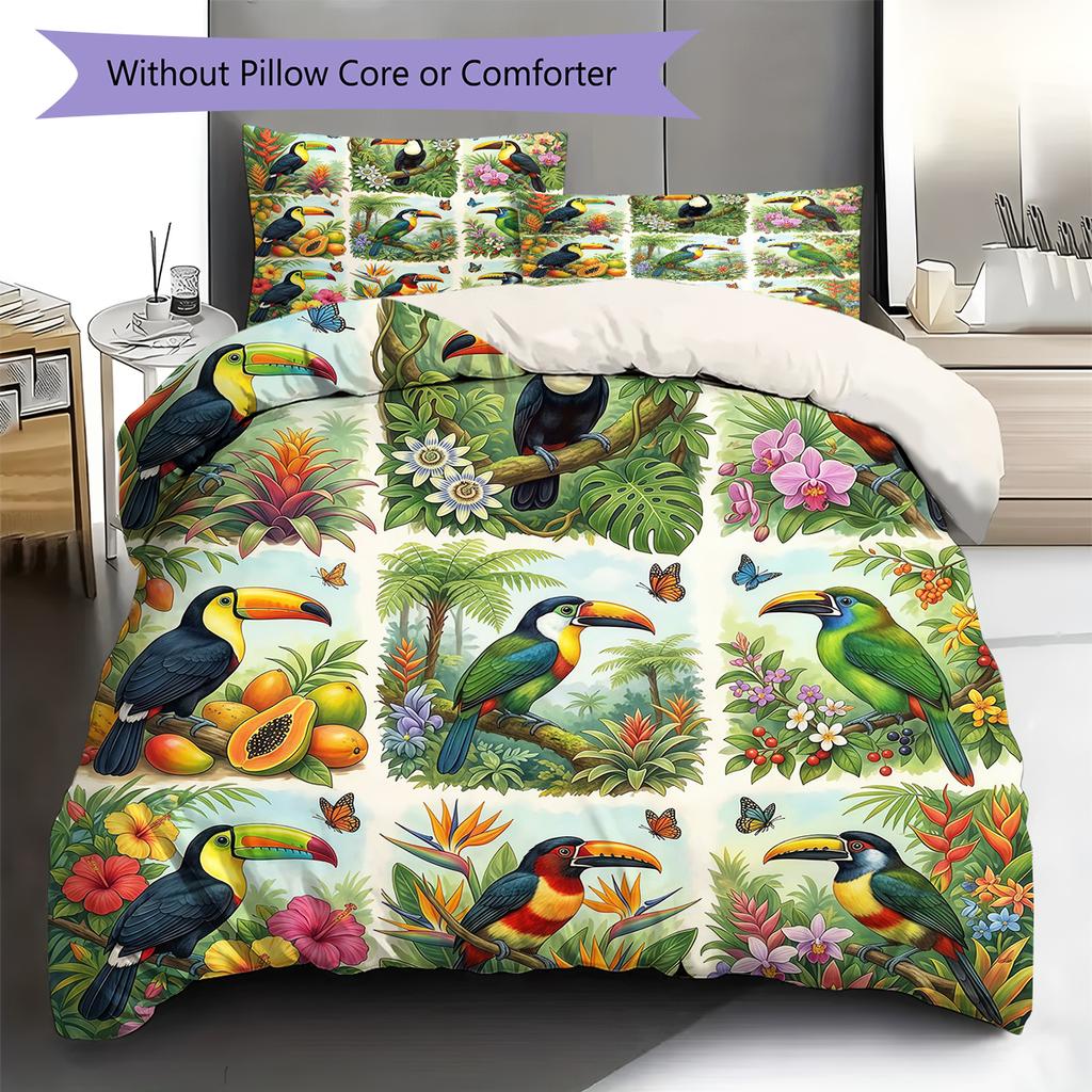 Retro Flower Parrot Pattern Bedding,Quilt Set Quilt Cover Pillowcase Home Birthday Gift (1 * duvet cover + 2 * pillowcase, without core)