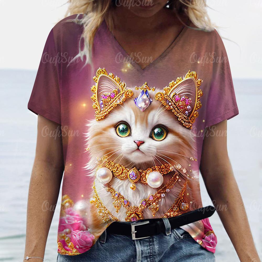 Summer Fashion Cartoon Cat Print 3D Personality Printed T-shirt Women's Loose Comfortable Soft Breathable V-neck Short Sleeved T-shirt