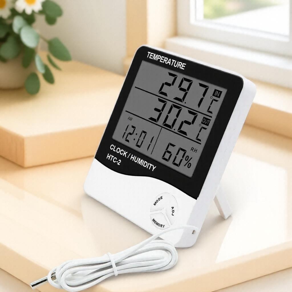 Cyfrowy Termometr Higrometr LCD Stacja Pogodowa Wewnętrzna Zewnętrzna Zegar Monitor Temperatury Wilgotności