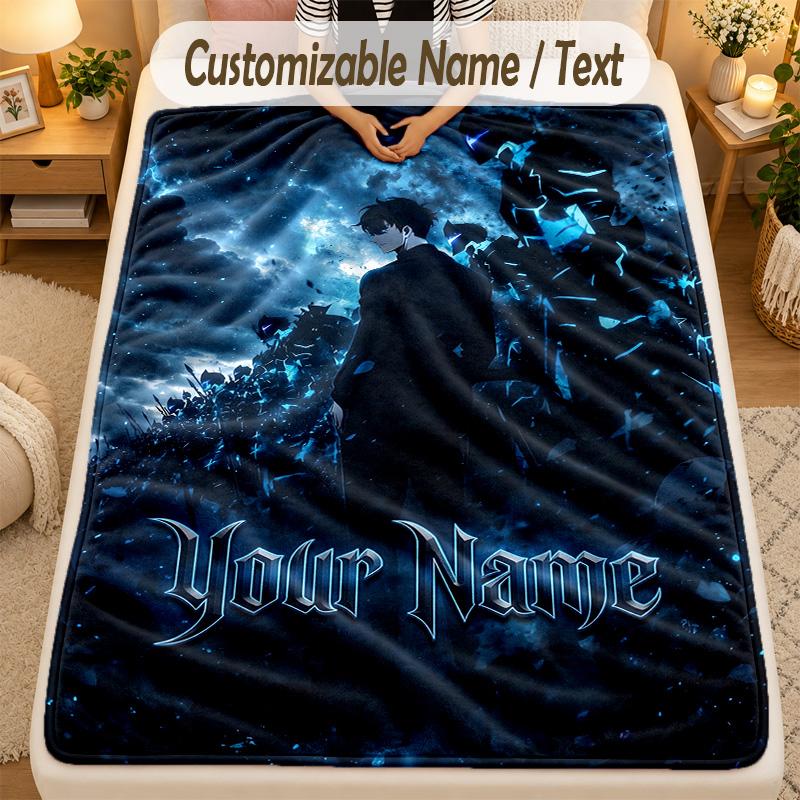 Flannel BlanketSolo Leveling Custom Name Text Personalized Soft Warm Throw Blanket Home Decor Gift