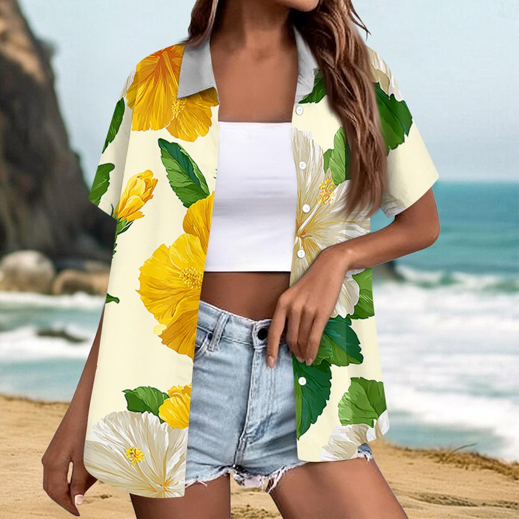 Women's fashionable casual Hawaiian print short-sleeved button-down collar shirt top