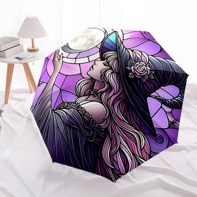 1pc Stained Glass Witch Moon Auto Open Close Umbrella - Portable Tri-Fold Design with 8-Bone Iron Frame - Outdoor - Perfect Gift for Fans, Travelers,