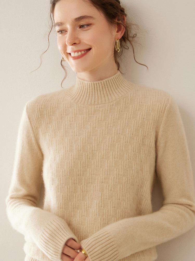 Women's Cashmere Knit Pullover: Vertical Stripe, Half-High Collar, Thickened, Warm, Long-Sleeved, Solid Color Base Layer