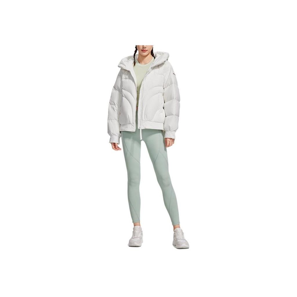 Lining Fitness Series Solid Color Logo Zip-Up Hooded Down Jacket Women Jackets White AYMS030-1
