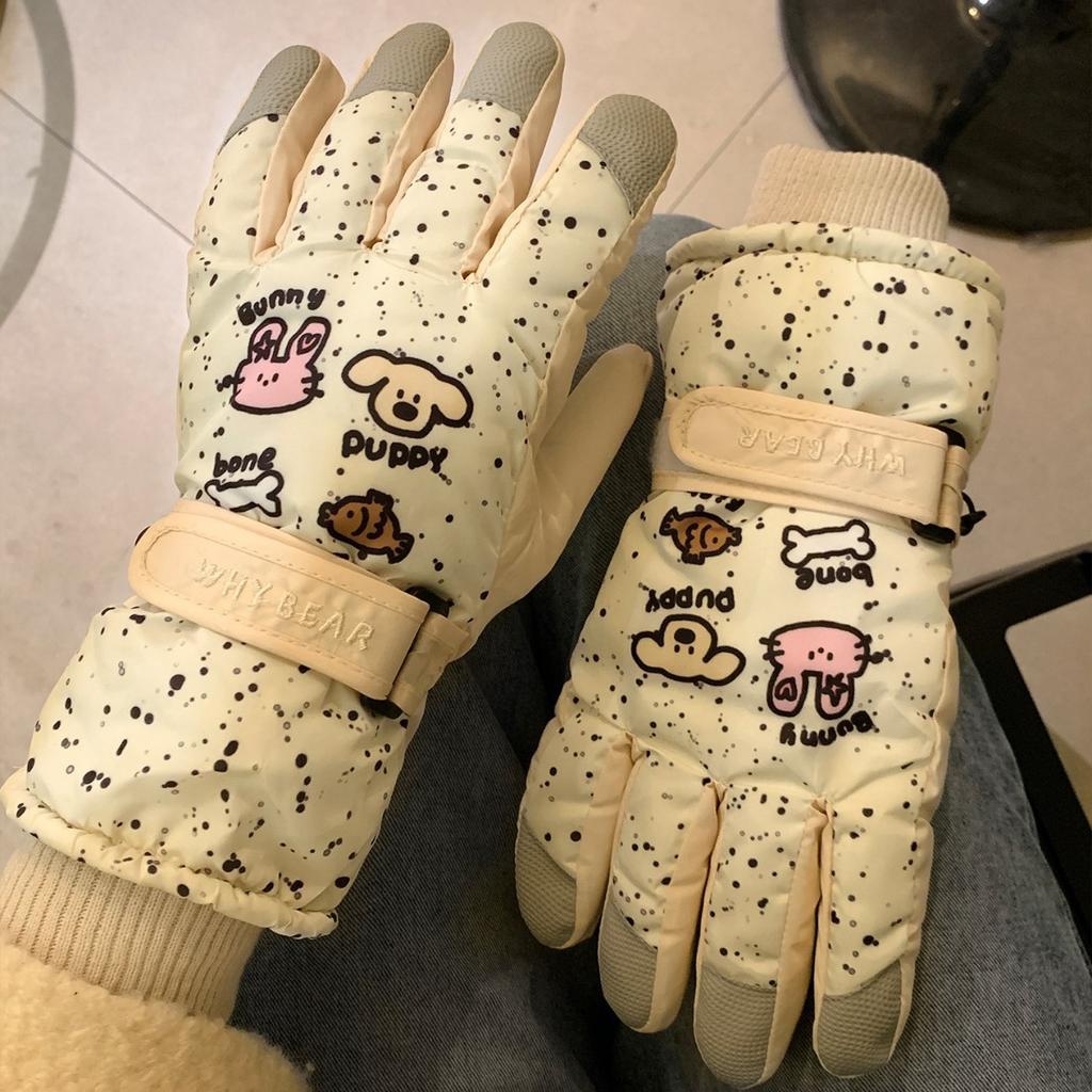 Printed ski waterproof gloves female winter cute rabbit riding touch screen velvet warm windproof and cold proof electric car