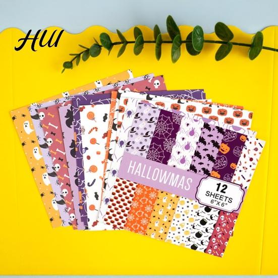 Classic Halloween Elements Stickers 12 Sheets Scrapbook Paper Set, 6x6in Double-Sided Craft Paper, Pumpkin Themed PaperPack Ghost Bat Pattern