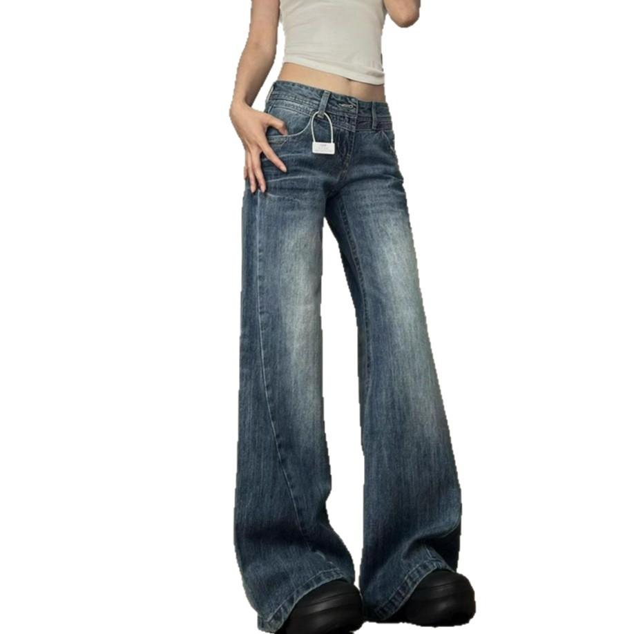 Comfortable Large Size Micro Flare Jeans Female Autumn Retro High Waist Washed Loose Horseshoe Straight Long Trousers Jeans for Women Long Denim Pants