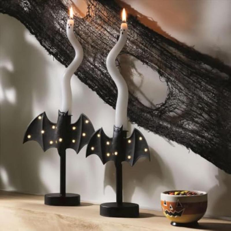 Glitter Bat Candle Holder,Halloween Candle Holder Centerpiece with LED Flash Lamp,Gothic Bat Candle Holder Fireplace Decoration