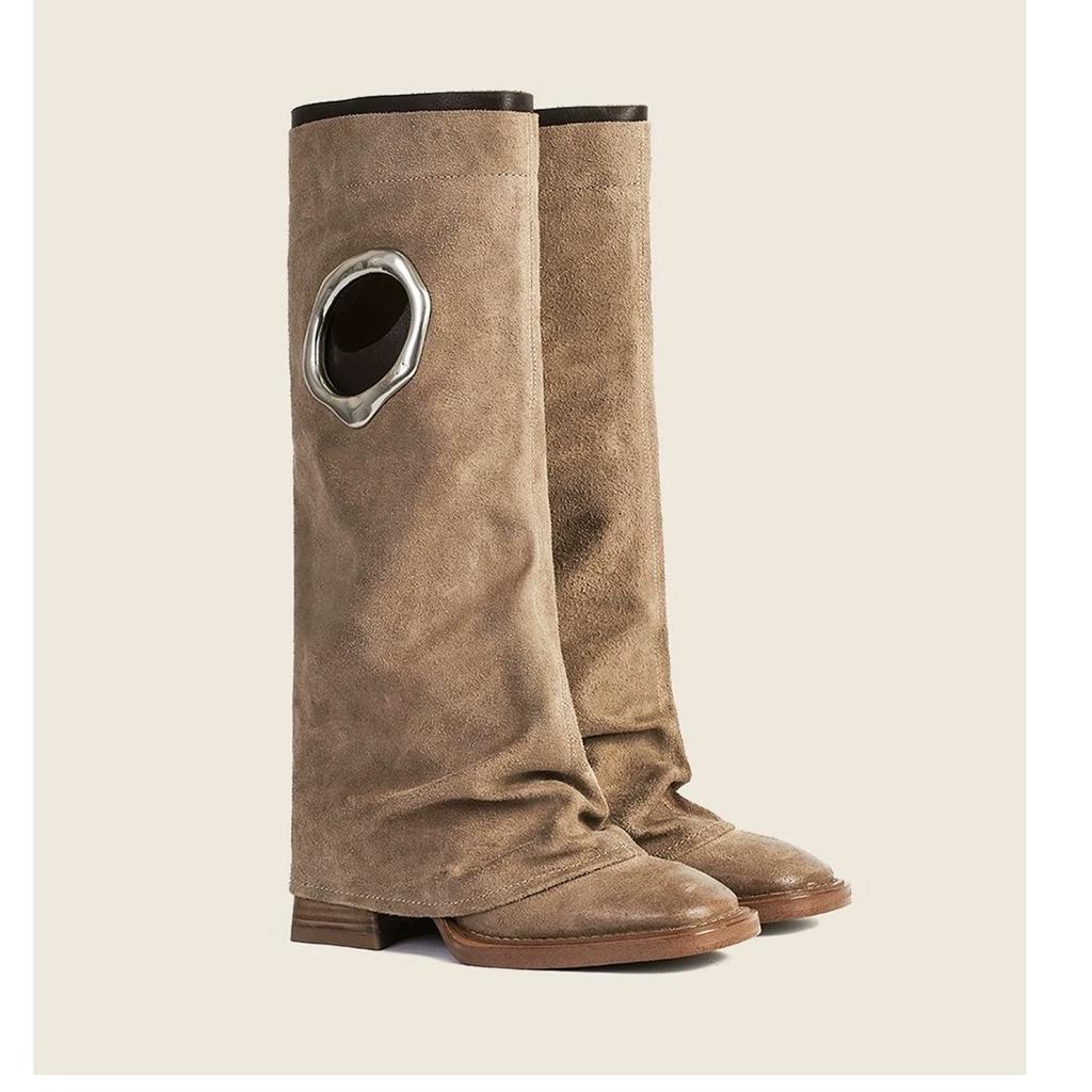 Fashion Brand Fashion 2025 New Autumn And Winter Round Head Long Boots Leather Shoes Metal Knight Boots Fold Flat Boots Punk Style