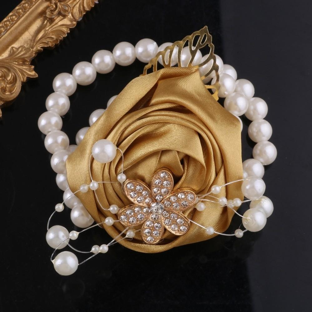 Ribbon Wrist Corsage Pearl Wedding Flower Bracelet Romantic Bridesmaid  Wrist Flowers  Bride золотой