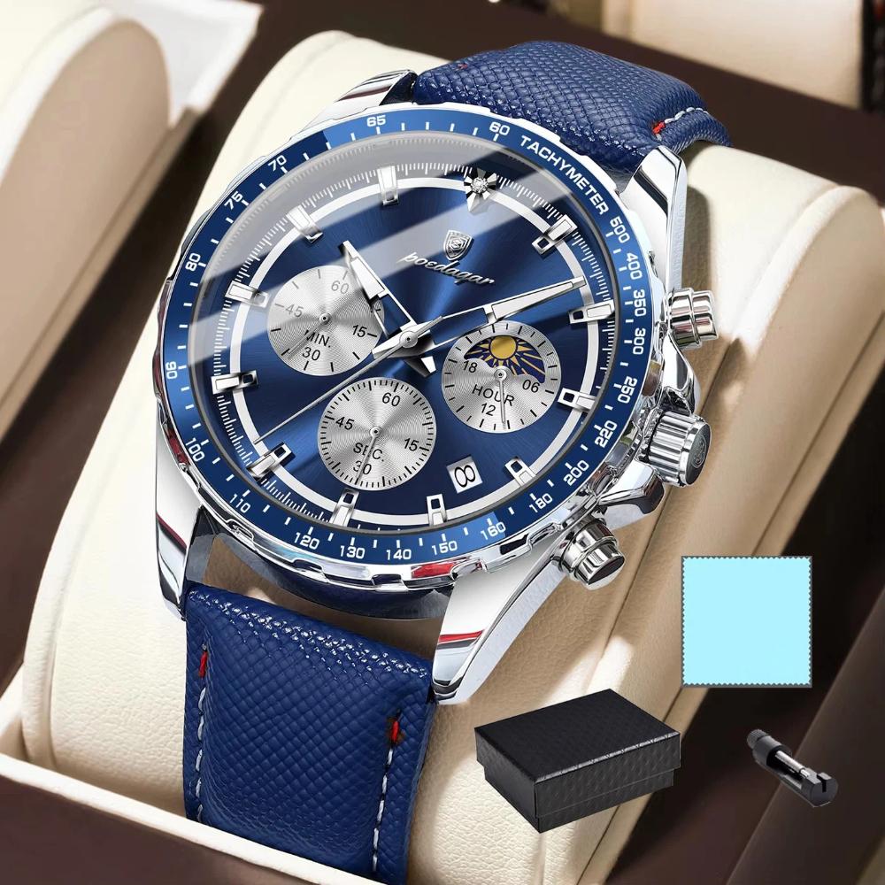 POEDAGAR Fashion Men's Watches High Quality Luminous Waterproof Male Wristwatch Leather Chronograph Date Sports Quartz Clock