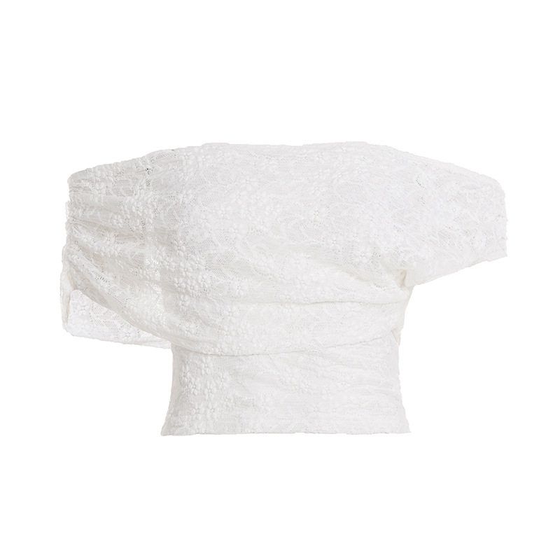 American-Style Spicy Girl Style Lace Patchwork Irregular Off-Shoulder Top, Two-Way Wear, Unique Design, White Hollow-Out Short Top White S