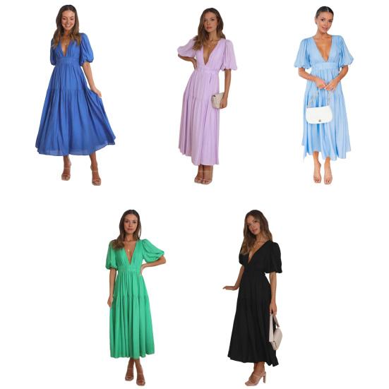 Women's Bohemian Long Dress Deep V Neck Puff Short Sleeve Swing Dress Summer Tiered Flowy A Line Midi Dress
