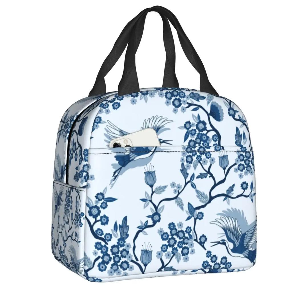 Porcelain Blue Oriental Bird Pattern Insulated Lunch Bag for Camping Travel Chinoiserie Thermal Cooler Lunch Box Women Kids